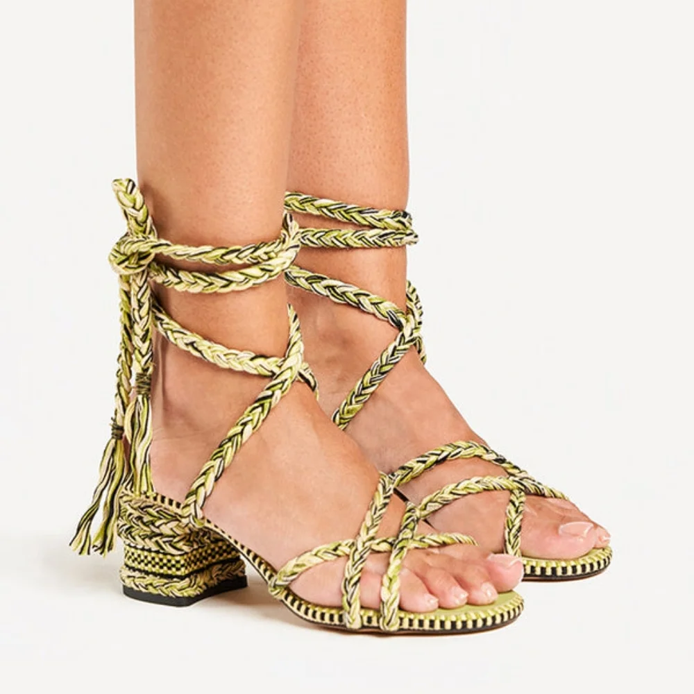Anthropologie AMAMBAIH Isabel Braided Heel Sandals Green 37 6.5 - Picture 1 of 7